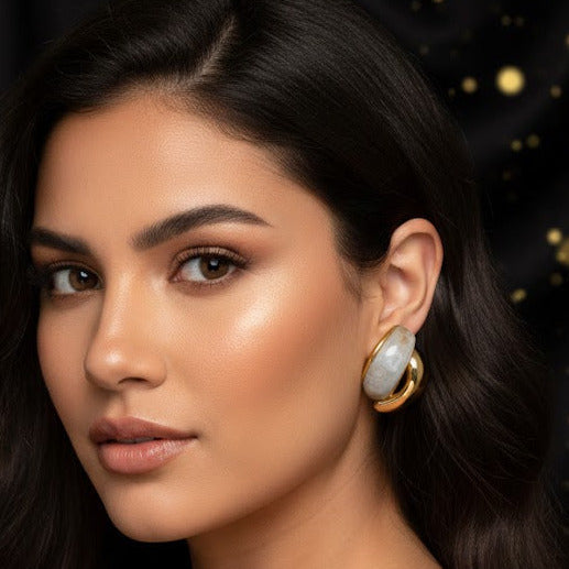 Pendientes de Botón "Golden Marble" en Oro con Resina Gris Pastel