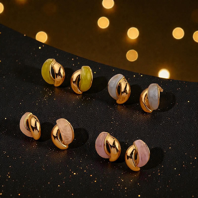 Pendientes de Botón "Golden Marble" en Oro con Resina Rosa Pastel