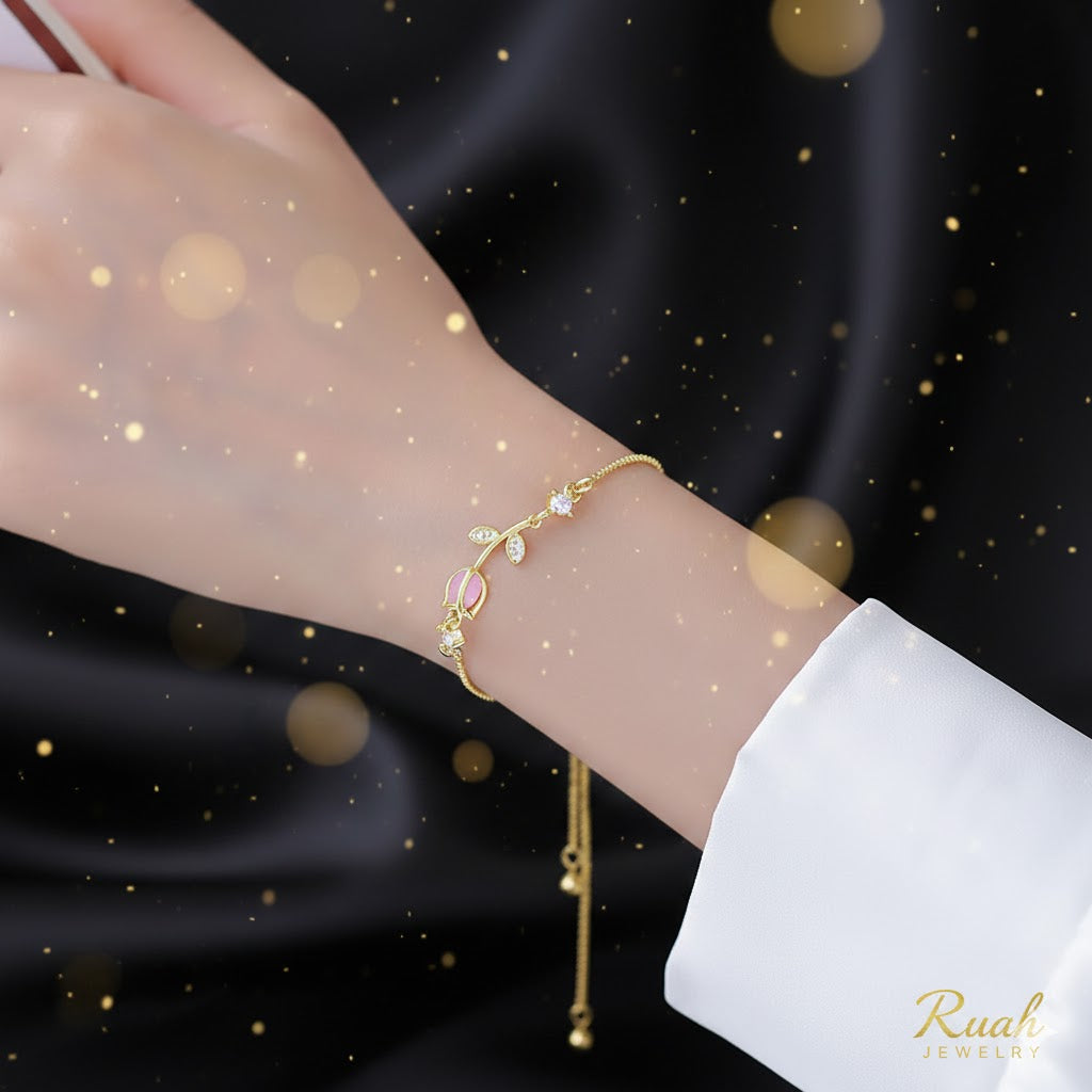 Pulsera Dorada de Tulipan Rosa