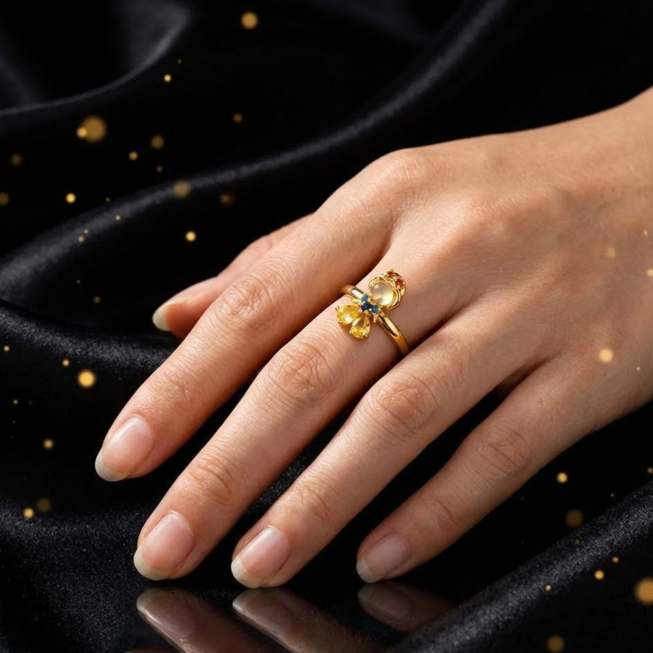 Anillo Dorado Princesa de Cristal Amarillo Azul