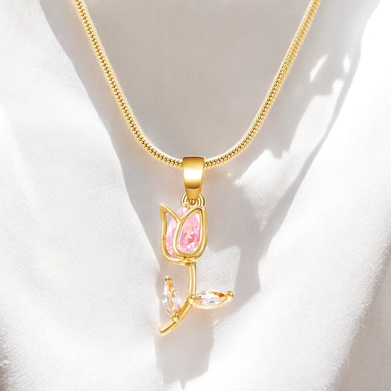 Collar - Colgante Tulipan Dorado - Rosa / Golden - Pink Tulip