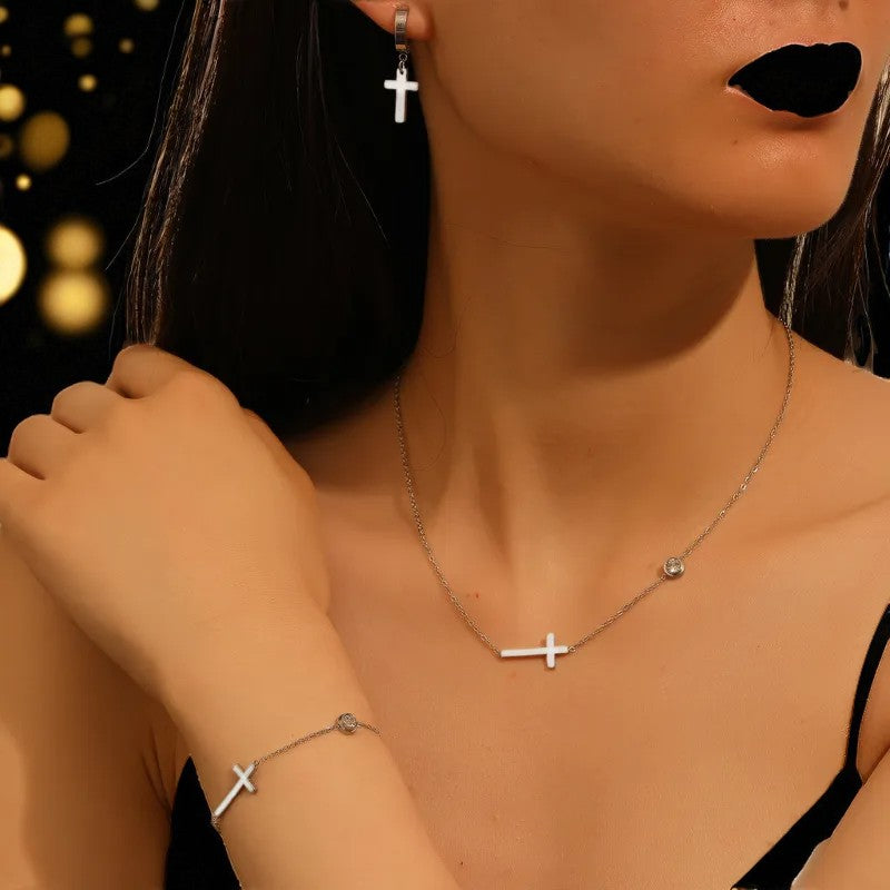 Conjunto - Collar/Aretes/Pulsera Salvacion Gracia Plateada / Salvation Grace