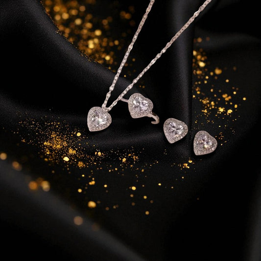 Conjunto - Collar/Aretes/Anillo Hermoso Momento de Corazon Plateado / Beautiful Moment of Heart