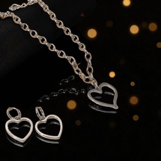 Conjunto - Collar/Aretes Hermoso y Gran Corazon Especial Plateadoo / Beautiful and Big Special Heart