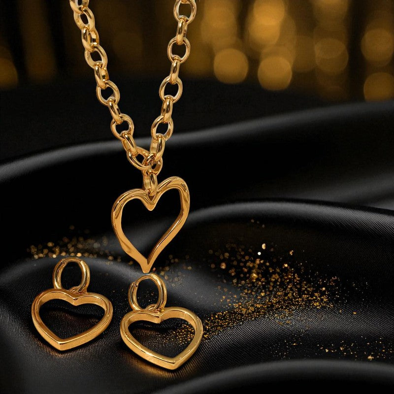 Conjunto - Collar/Aretes Hermoso y Gran Corazon Especial Dorado / Beautiful and Big Special Heart