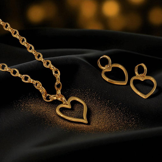 Conjunto - Collar/Aretes Hermoso y Gran Corazon Especial Dorado / Beautiful and Big Special Heart