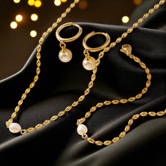 Conjunto - Collar/Aretes/Pulsera Lazo de Perlas Blancas / White Pearl Bow