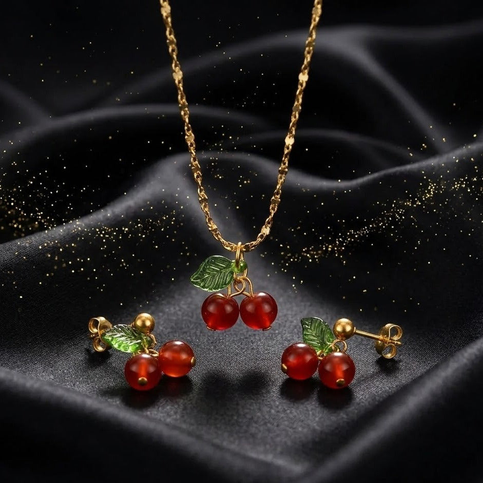 Conjunto Dorado Rojo "Cereza Tallo Verde"