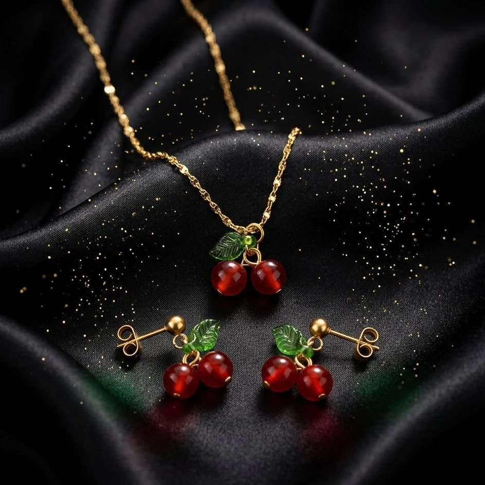 Conjunto Dorado Rojo "Cereza Tallo Verde"