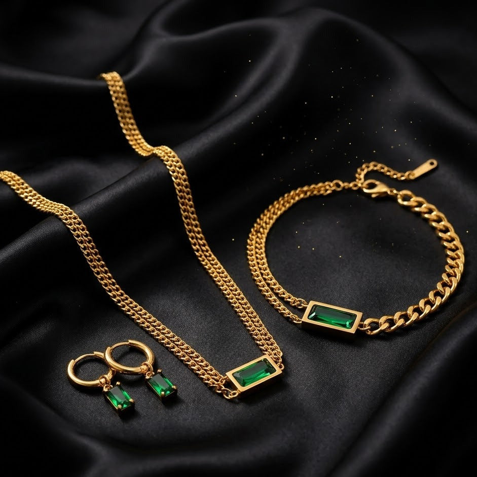 Conjunto - Collar/Aretes/Pulsera Trinidad Esmeralda Dorado / Emerald Trinity