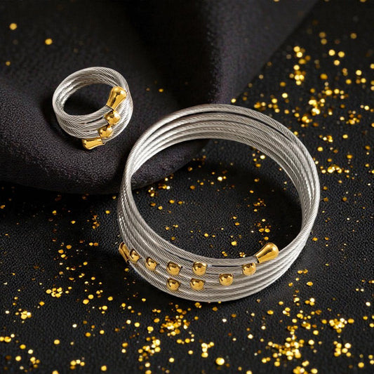 Set de Anillo y Brazalete  Plateado "Siete Vueltas"