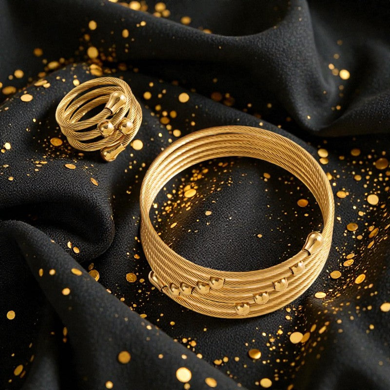 Set de Anillo y Brazalete  Dorado "Siete Vueltas"