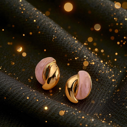 Pendientes de Botón "Golden Marble" en Oro con Resina Rosa Pastel