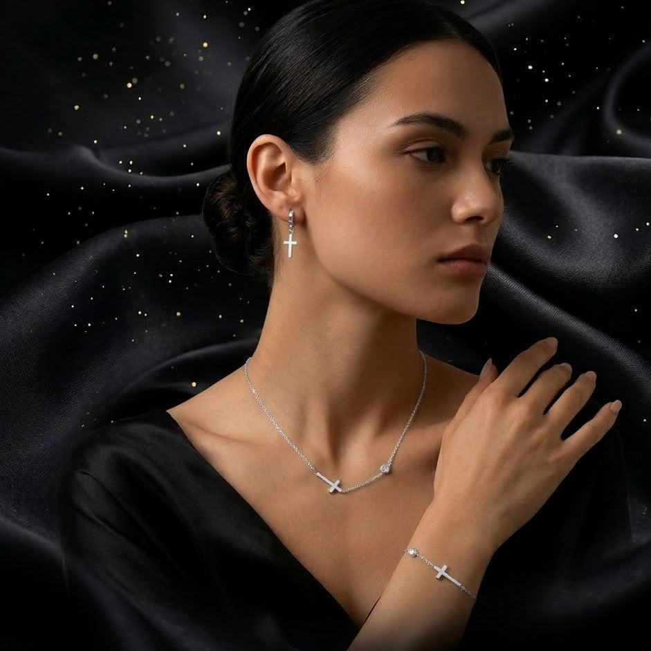 Conjunto - Collar/Aretes/Pulsera Salvacion Gracia Plateada / Salvation Grace