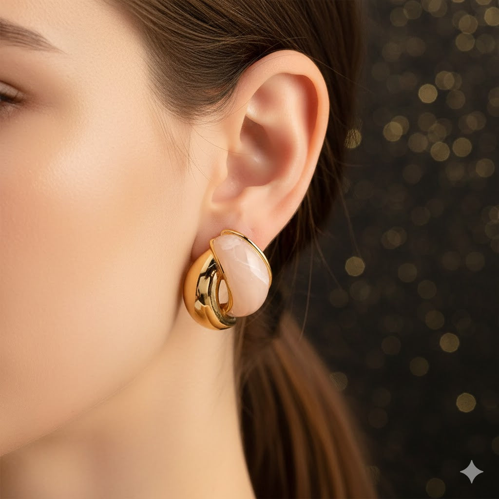 Pendientes de Botón "Golden Marble" en Oro con Resina Cafe Pastel