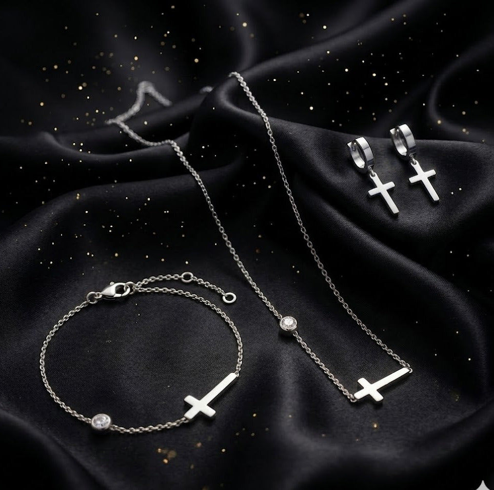 Conjunto - Collar/Aretes/Pulsera Salvacion Gracia Plateada / Salvation Grace
