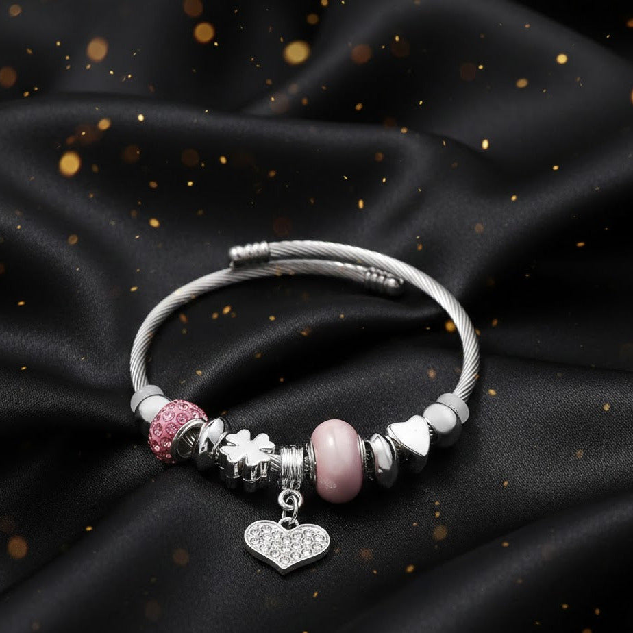 Brazalete Plateado "Talitha Silver" Corazon Rosa