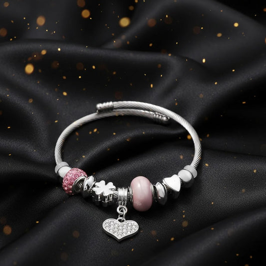 Brazalete Plateado "Talitha Silver" Corazon Rosa