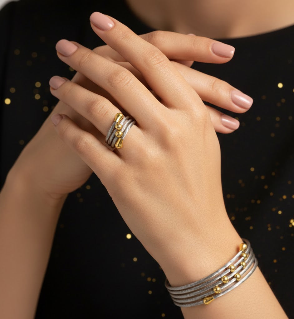 Set de Anillo y Brazalete  Plateado "Siete Vueltas"