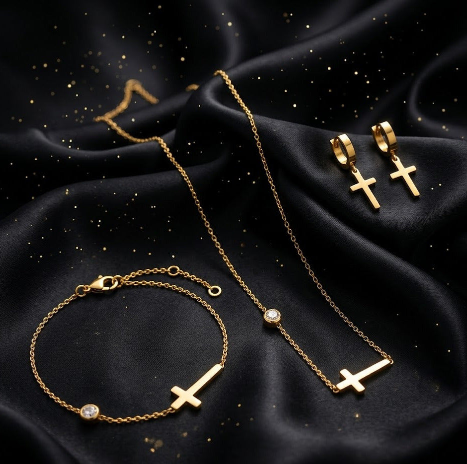 Conjunto - Collar/Aretes/Pulsera Salvacion Gracia Dorada / Salvation Grace