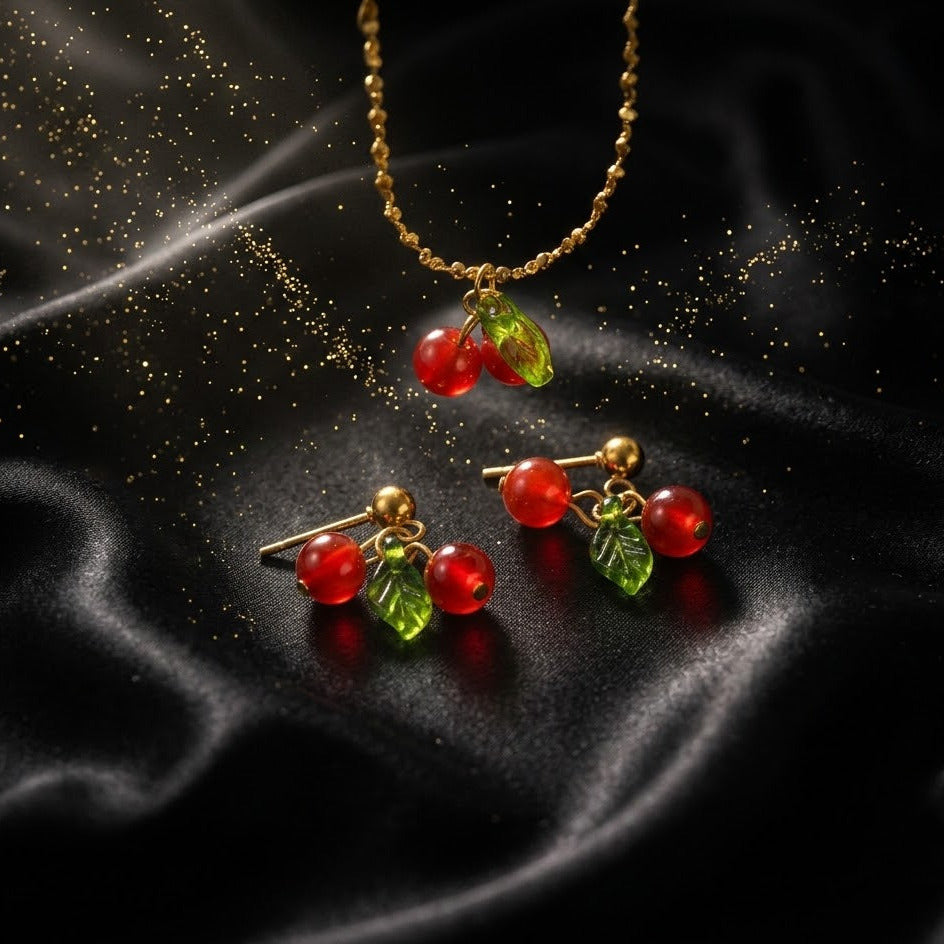 Conjunto Dorado Rojo "Cereza Tallo Verde"