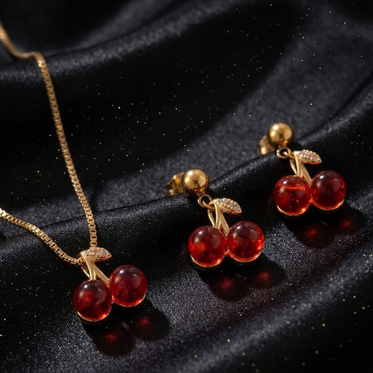 Conjunto Dorado Rojo "Cereza Tallo Dorado"