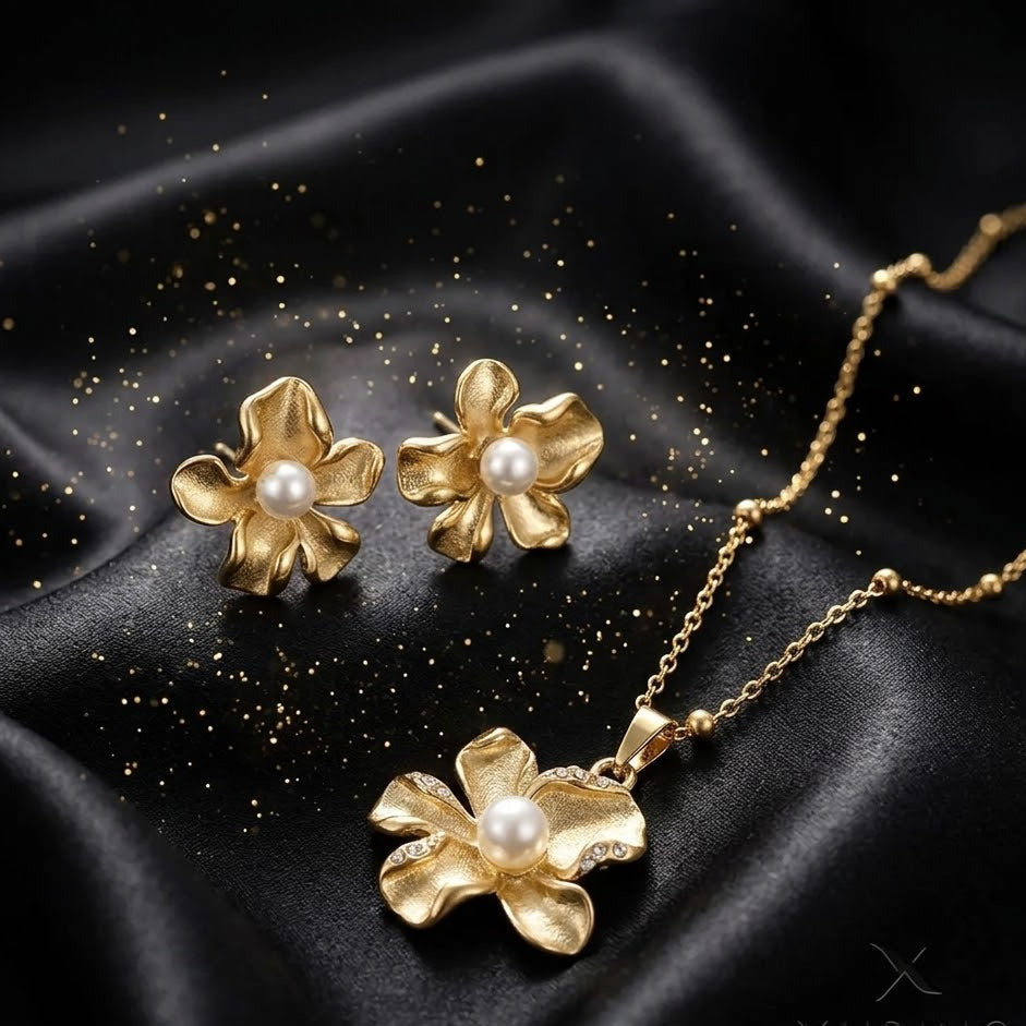 Conjunto - Collar/Aretes Florece de Perlas Dorado / Pearl Blooms