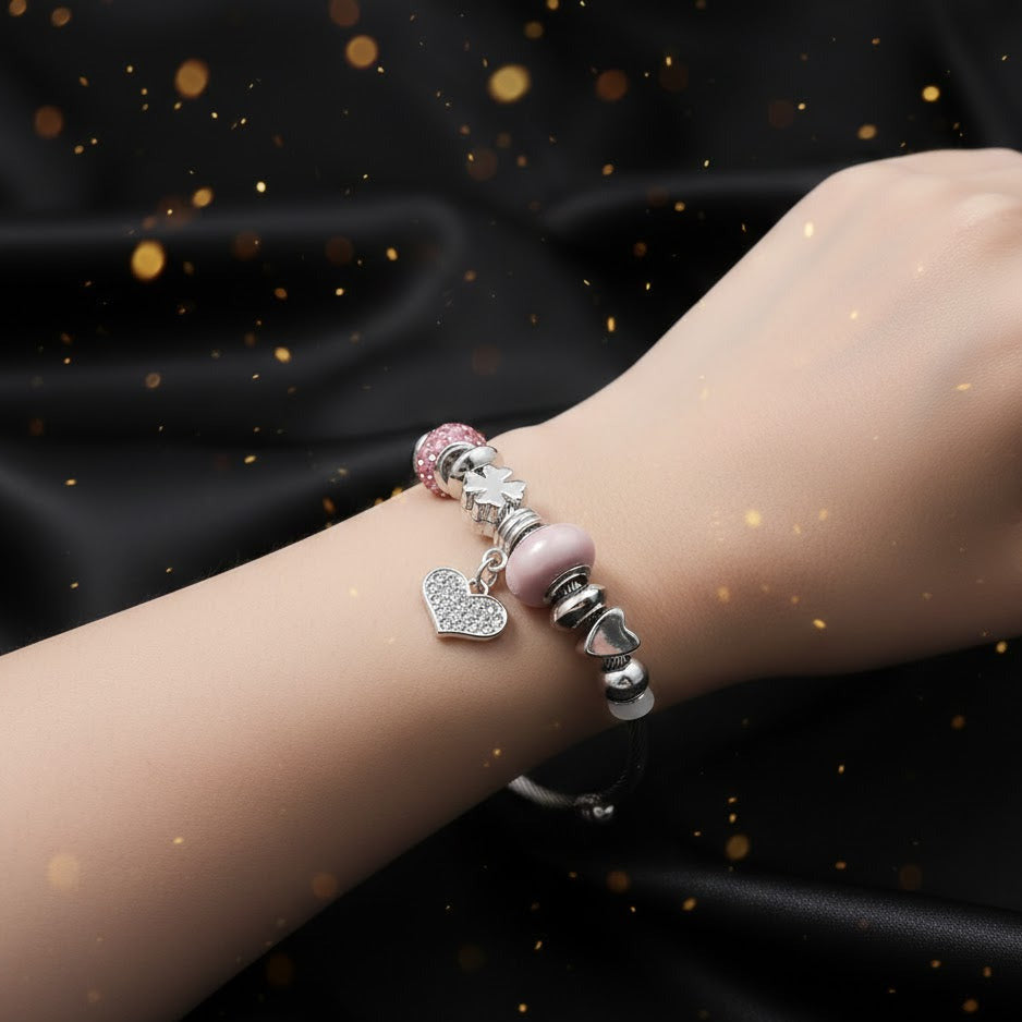 Brazalete Plateado "Talitha Silver" Corazon Rosa